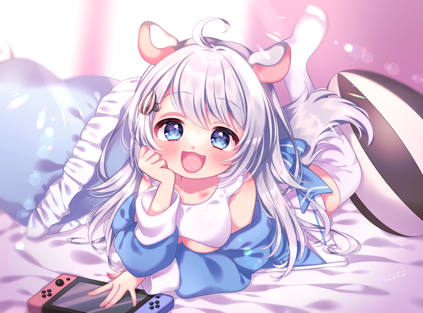 Anime picture 2700x2000 with original nintendo mata single long hair looking at viewer blush fringe highres breasts open mouth blue eyes light erotic smile animal ears silver hair full body ahoge indoors tail