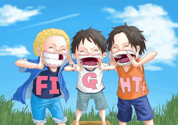 Anime picture 2953x2079 with one piece toei animation monkey d. luffy portgas d. ace sabo (one piece) highres short hair open mouth black hair blonde hair smile sky cloud (clouds) eyes closed wavy hair scar chibi freckles boy plant (plants)