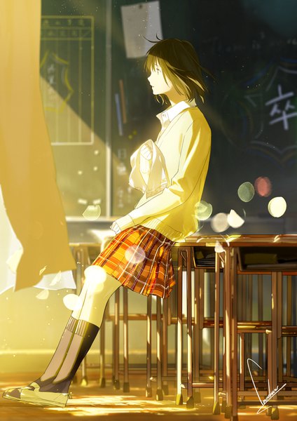 Anime picture 848x1200 with original loundraw single tall image fringe short hair hair between eyes brown hair sitting holding brown eyes signed looking away full body ahoge indoors parted lips profile pleated skirt wind