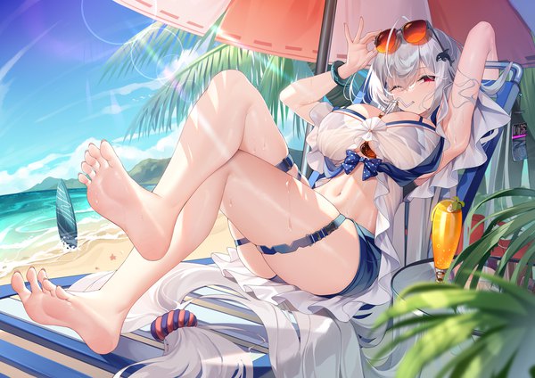 Anime picture 2021x1429 with arknights skadi (arknights) skadi (waverider) (arknights) meion single looking at viewer fringe highres breasts light erotic red eyes large breasts sky silver hair cloud (clouds) full body ahoge outdoors very long hair one eye closed