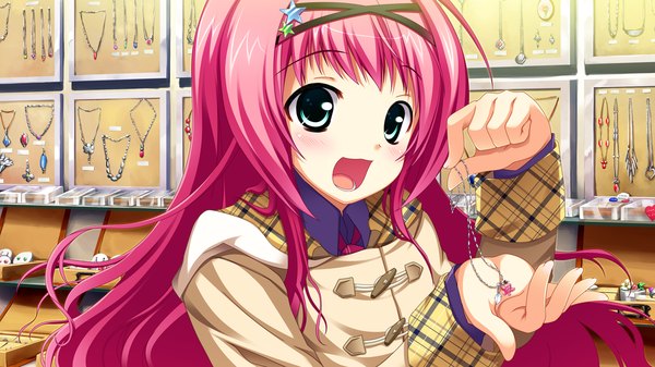 Anime picture 1280x720 with asa project ren'ai 0 kilometer kinomoto nokia panta (artist) long hair open mouth wide image green eyes pink hair game cg girl
