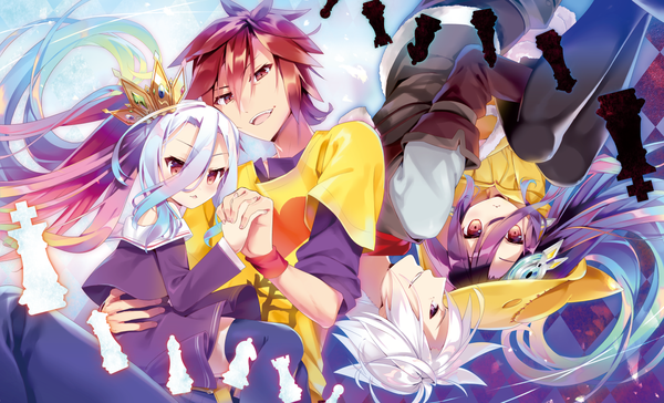 Anime picture 1447x879 with no game no life madhouse shiro (no game no life) sora (no game no life) shuvi (no game no life) riku (no game no life) fuchima long hair looking at viewer blush fringe short hair open mouth hair between eyes brown hair wide image multiple girls brown eyes purple hair white hair