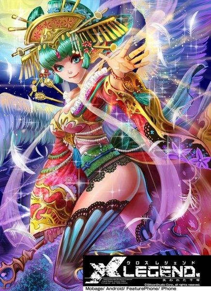 Anime picture 1000x1375 with usudahiro single tall image short hair light erotic smile traditional clothes japanese clothes aqua eyes green hair angel wings girl hair ornament wings ring staff