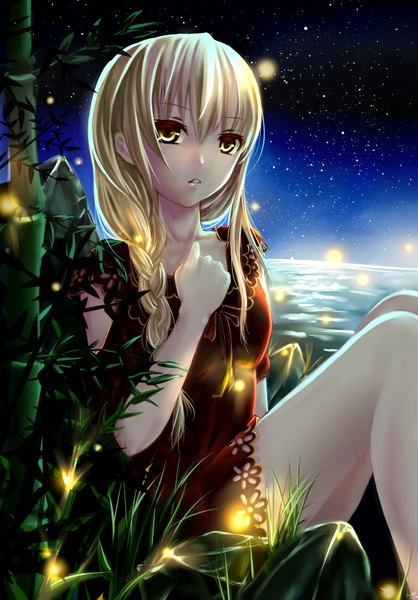 Anime picture 2325x3340 with original clouble single long hair tall image looking at viewer highres blonde hair yellow eyes braid (braids) night girl dress plant (plants) grass bamboo