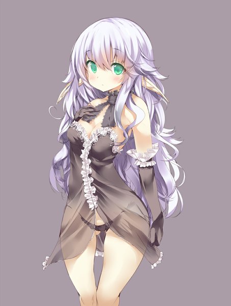 Anime picture 800x1058 with original noto kurumi single long hair tall image looking at viewer blush breasts light erotic simple background bare shoulders green eyes cleavage purple hair pointy ears grey background elf girl gloves underwear