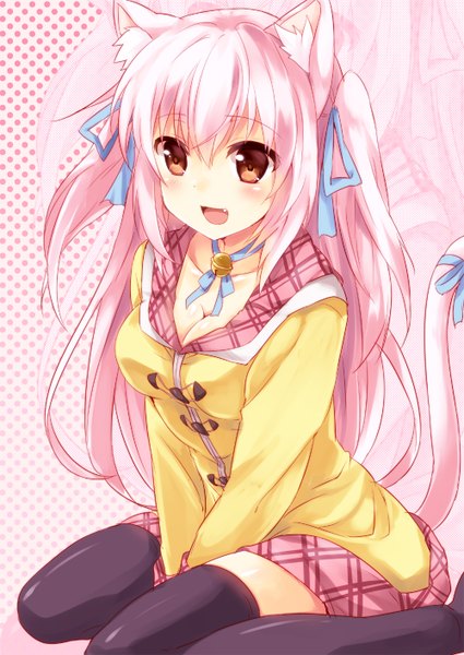 Anime picture 1000x1412 with original shia flatpaddy maruki (punchiki) single long hair tall image blush open mouth red eyes animal ears pink hair cat ears cat girl cat tail borrowed character girl thighhighs ribbon (ribbons) black thighhighs hair ribbon