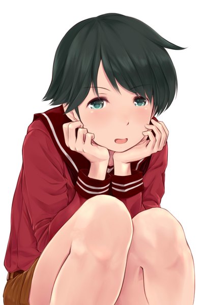 Anime picture 1181x1748 with kantai collection mogami heavy cruiser wa (genryusui) single tall image looking at viewer blush short hair open mouth simple background white background green eyes green hair squat chin rest girl uniform shirt serafuku shorts