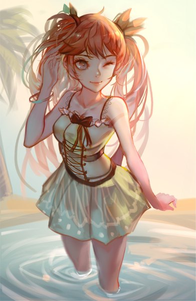 Anime picture 2001x3070 with original mconch single long hair tall image highres smile brown hair standing twintails bare shoulders green eyes looking away one eye closed from above wink partially submerged hand on head girl dress