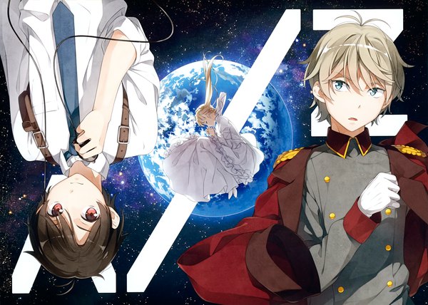 Anime picture 3498x2500 with aldnoah.zero a-1 pictures slaine troyard asseylum vers allusia kaizuka inaho kantoku long hair looking at viewer fringe highres short hair open mouth blue eyes blonde hair hair between eyes brown hair holding brown eyes absurdres upper body