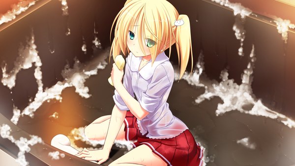 Anime picture 2560x1440 with love la bride yuki nao mutou kurihito single long hair highres blonde hair wide image sitting twintails green eyes game cg wariza short twintails girl skirt miniskirt shirt