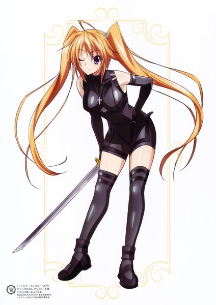 Anime picture 4955x7010 with highschool dxd shidou irina single long hair tall image highres smile white background purple eyes twintails absurdres one eye closed wink scan orange hair official art girl thighhighs weapon black thighhighs