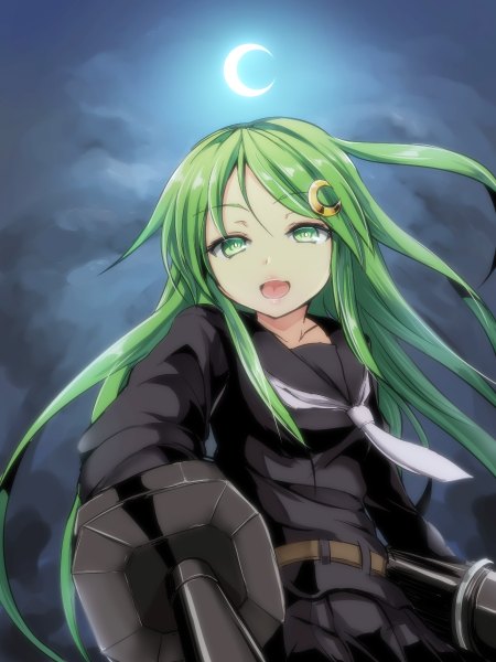 Anime picture 900x1200 with kantai collection nagatsuki destroyer nagatsuki (kantai collection) gin'ichi (akacia) single long hair tall image looking at viewer open mouth green eyes cloud (clouds) green hair night crescent girl hair ornament weapon gun moon sailor suit