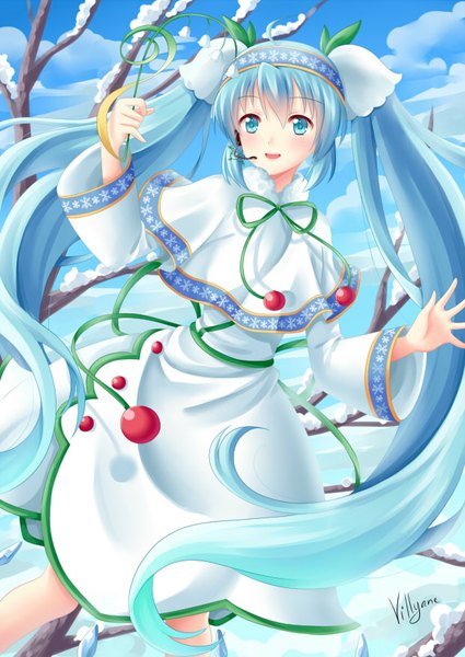 Anime picture 620x876 with vocaloid hatsune miku yuki miku yuki miku (2015) villyane single tall image blush open mouth blue eyes smile twintails blue hair sky cloud (clouds) very long hair fur trim winter snow bare tree