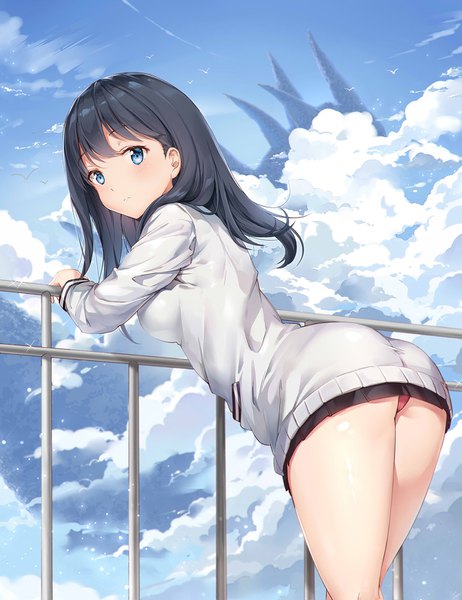 Anime picture 1200x1556 with gridman universe ssss.gridman studio trigger takarada rikka taro (ultrataro) single long hair tall image looking at viewer blush fringe breasts blue eyes light erotic black hair sky cloud (clouds) outdoors ass looking back