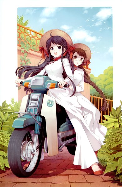 Anime picture 2282x3491 with nardack long hair tall image highres open mouth blue eyes black hair brown hair multiple girls brown eyes absurdres braid (braids) girl dress ribbon (ribbons) 2 girls plant (plants) hat straw hat scooter