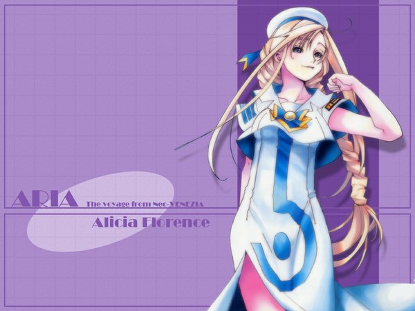 Anime picture 1024x768 with aria alicia florence single long hair fringe blue eyes blonde hair smile braid (braids) arm up copyright name character names single braid purple background girl uniform beret