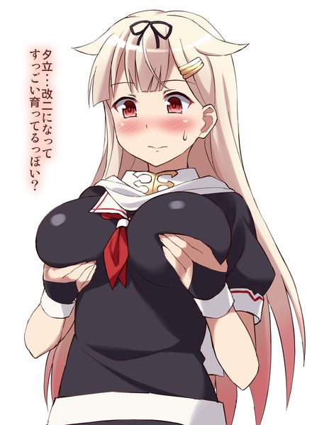 Anime picture 1024x1397 with kantai collection yuudachi destroyer sama samasa single long hair tall image blush breasts light erotic simple background blonde hair red eyes large breasts sweat embarrassed remodel (kantai collection) alternate breast size breast lift girl uniform