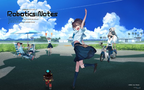 Anime picture 1920x1200 with robotics;notes production i.g senomiya akiho koujiro frau airi (robotics;notes) yashio kaito daitoku junna hidaka subaru highres open mouth brown hair wide image multiple girls brown eyes sky silver hair cloud (clouds) looking back multiple boys shadow