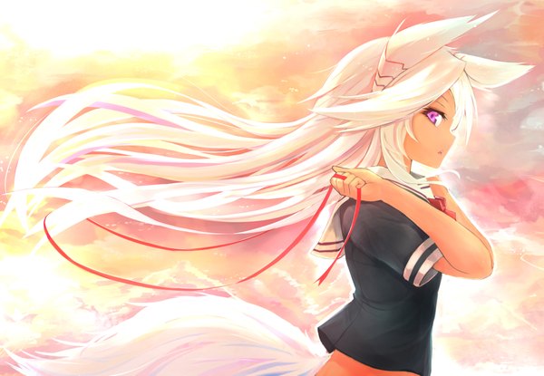 Anime picture 1920x1329 with original xiaodi single long hair looking at viewer fringe highres open mouth standing holding animal ears upper body white hair tail animal tail profile pink eyes wind teeth :o
