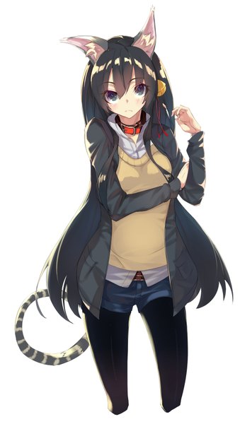 Anime picture 2084x3507 with original hoshino (illyasviel) single long hair tall image looking at viewer blush fringe highres black hair simple background hair between eyes standing white background animal ears payot tail head tilt animal tail black eyes