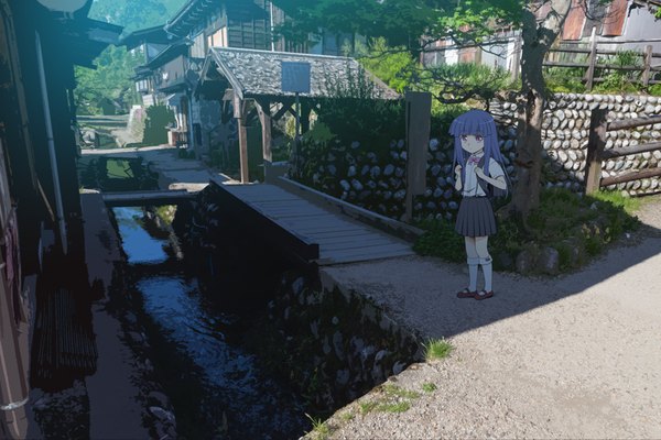 Anime picture 900x600 with higurashi no naku koro ni studio deen furude rika gaou single long hair looking at viewer fringe standing purple eyes blue hair full body outdoors blunt bangs pleated skirt shadow stream village girl skirt