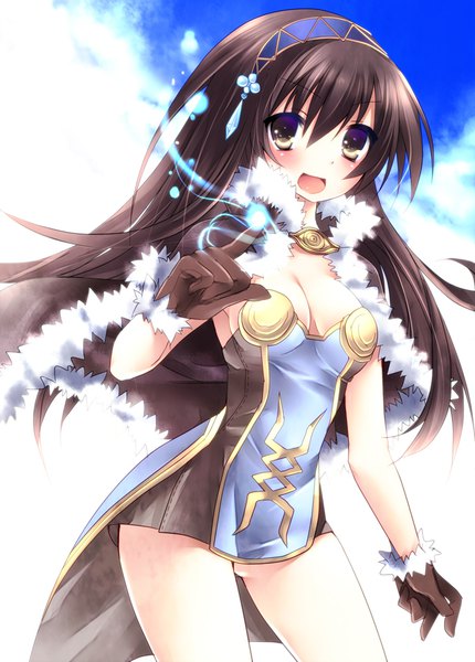 Anime picture 689x962 with ragnarok online high wizard sorai shin'ya single long hair tall image looking at viewer blush fringe open mouth light erotic smile hair between eyes brown hair brown eyes sky cloud (clouds) :d fur trim magic