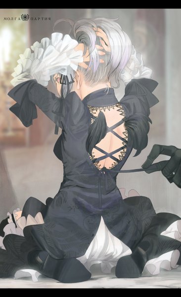 Anime picture 800x1310 with rozen maiden suigintou moruga single long hair tall image sitting silver hair from behind high heels back adjusting hair lolita fashion goth-loli girl dress gloves ribbon (ribbons) wings frills