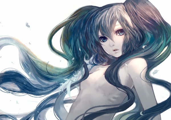 Anime picture 2046x1446 with vocaloid hatsune miku o en (artist) single long hair highres breasts blue eyes light erotic simple background brown hair white background twintails flat chest topless girl