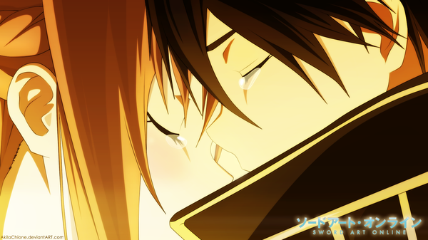 Anime picture 1366x768 with sword art online a-1 pictures yuuki asuna kirigaya kazuto akilachione long hair short hair black hair wide image eyes closed profile orange hair inscription copyright name tears coloring close-up face to face girl boy