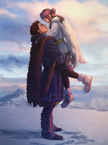 Anime picture 1124x1500 with golden kamuy asirpa sugimoto saichi mprichin long hair tall image short hair brown hair sky full body outdoors traditional clothes profile blurry couple happy scar snow mountain face to face