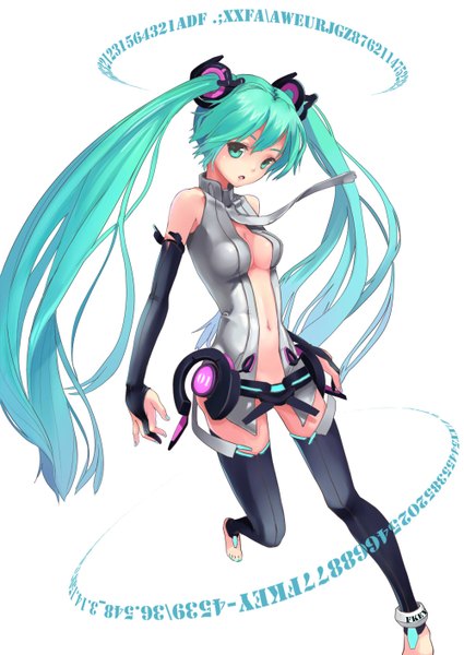 Anime picture 1000x1410 with vocaloid vocaloid append hatsune miku hatsune miku (append) fkey long hair tall image breasts open mouth light erotic simple background white background twintails nail polish barefoot aqua eyes aqua hair inscription girl thighhighs