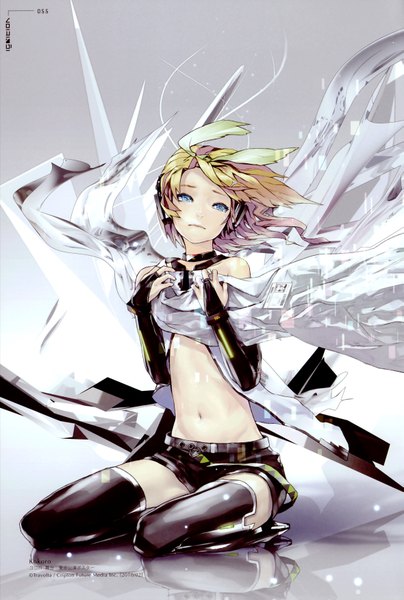 Anime picture 2358x3500 with vocaloid kokoro (vocaloid) kagamine rin redjuice single tall image highres short hair blonde hair sitting bare shoulders blue hair looking away aqua eyes wind scan tears reflection girl thighhighs