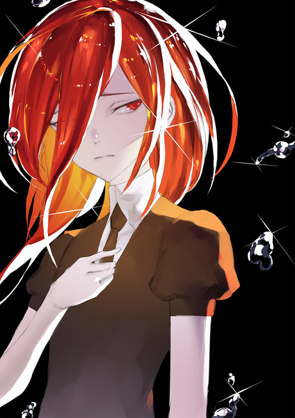 Anime picture 1157x1637 with houseki no kuni cinnabar (houseki no kuni) ryein single long hair tall image fringe simple background red eyes looking away upper body red hair hair over one eye sparkle puffy sleeves black background androgynous adjusting necktie necktie mercury