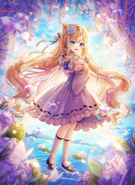 Anime picture 2480x3380 with original hayun single long hair tall image looking at viewer blush fringe highres open mouth blue eyes blonde hair smile hair between eyes standing holding animal ears payot sky cloud (clouds)