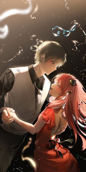 Anime picture 1024x2048 with spy x family anya (spy x family) damian desmond isobe47 long hair tall image short hair brown hair pink hair eyes closed profile ^ ^ alternate age dancing older girl dress boy shirt necktie