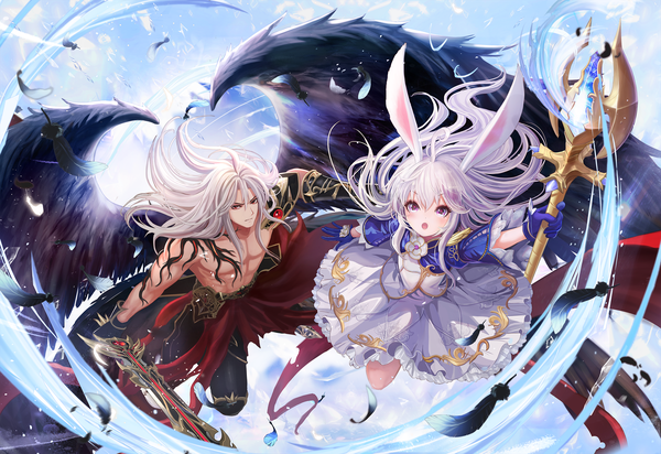 Anime picture 2598x1787 with tera online tera origin elin (tera) pavel ji-hyun ro long hair looking at viewer blush fringe highres open mouth hair between eyes red eyes purple eyes holding animal ears payot sky silver hair cloud (clouds)