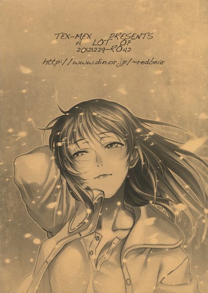 Anime picture 1140x1600 with black lagoon madhouse revy (black lagoon) hiroe rei single tall image short hair smile light smile wind scan official art lipstick monochrome snowing looking up winter girl jacket