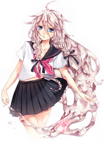 Anime picture 1200x1699 with vocaloid ia (vocaloid) bottle ia (vocaloid) wakatsuki you single long hair tall image blue eyes simple background blonde hair white background braid (braids) twin braids liquid hair girl skirt serafuku