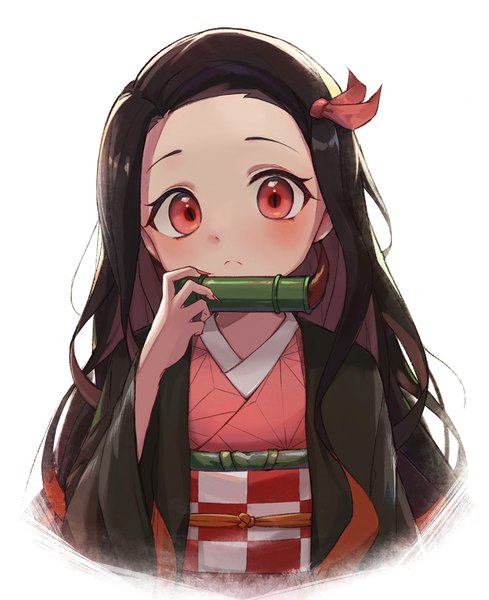 Anime picture 1080x1326 with kimetsu no yaiba ufotable kamado nezuko lunia single long hair tall image looking at viewer black hair simple background white background holding upper body traditional clothes japanese clothes pink eyes multicolored hair fingernails two-tone hair colored inner hair