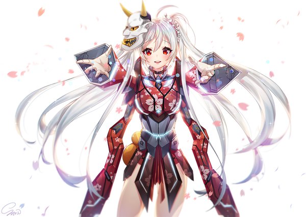 Anime-Bild 1000x711 mit phantasy star phantasy star online 2 sega snow is single long hair looking at viewer blush simple background smile red eyes white background twintails silver hair ahoge parted lips blurry wide sleeves floral print outstretched hand