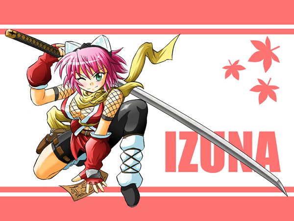 Anime picture 1024x768 with gouma reifuden izuna izuna (gouma reifuden izuna) wakabayashi makoto single short hair breasts light erotic large breasts green eyes pink hair cleavage one eye closed wink character names fishnet girl gloves weapon sword katana