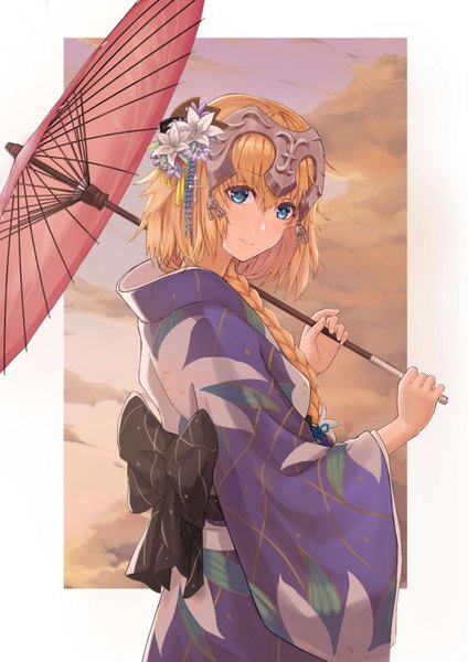 Anime picture 2894x4093 with fate (series) fate/grand order fate/apocrypha jeanne d'arc (fate) (all) jeanne d'arc (fate) shiko single long hair tall image looking at viewer blush fringe highres blue eyes blonde hair smile hair between eyes standing holding braid (braids)