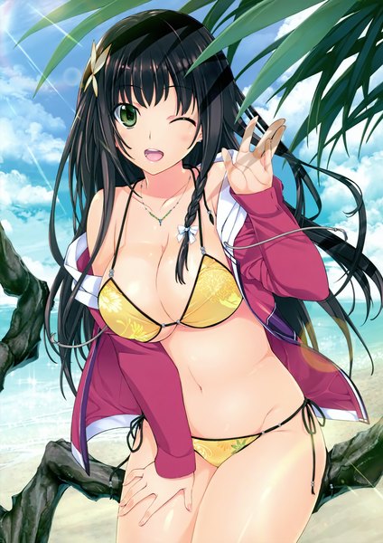 Anime picture 2140x3030 with original iizuki tasuku single long hair tall image looking at viewer blush highres breasts open mouth light erotic black hair green eyes braid (braids) one eye closed wink scan beach waving girl