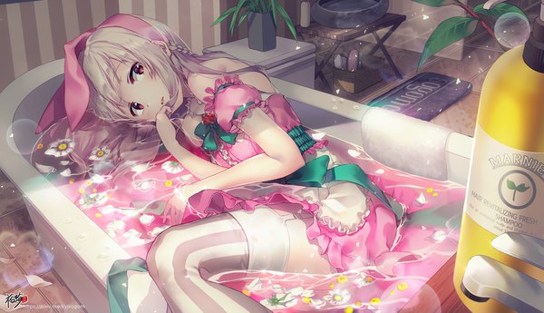 Anime picture 1920x1107 with original kyjsogom single long hair looking at viewer blush fringe highres open mouth wide image bare shoulders signed silver hair bent knee (knees) indoors lying braid (braids) pink eyes partially submerged on side