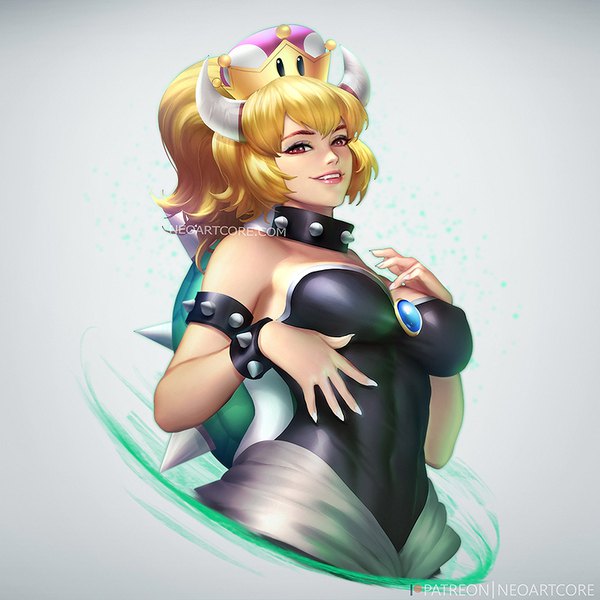 Anime picture 800x800 with super mario bros. new super mario bros. u deluxe bowsette nudtawut thongmai single long hair looking at viewer fringe breasts simple background blonde hair smile red eyes large breasts payot ponytail nail polish parted lips horn (horns) fingernails