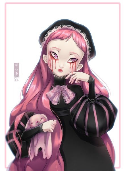 Anime picture 854x1163 with original basti rin single tall image fringe simple background white background holding looking away pink hair upper body very long hair head tilt pink eyes lips puffy sleeves sleeves past wrists framed crying lolita fashion