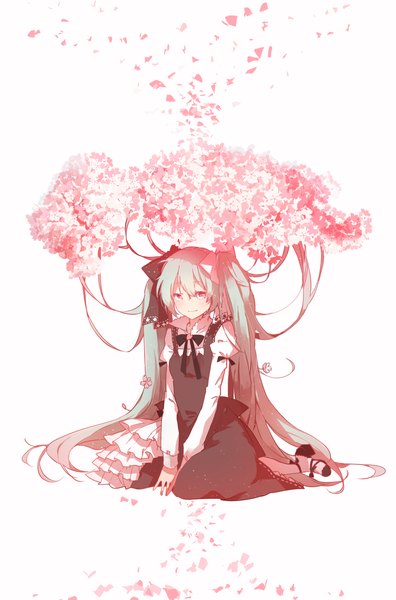Anime picture 1267x1917 with vocaloid hatsune miku mikuru rumisora single long hair tall image looking at viewer blush fringe simple background smile white background sitting twintails pink eyes aqua hair alternate costume alternate hairstyle girl dress