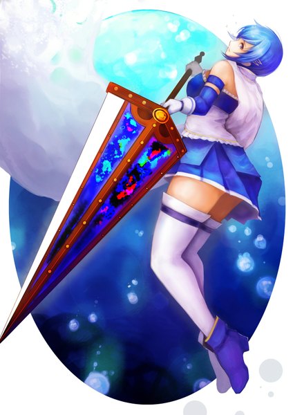 Anime picture 1240x1754 with mahou shoujo madoka magica shaft (studio) miki sayaka yaoya musuko single tall image short hair blue eyes blue hair looking back girl thighhighs gloves hair ornament weapon white thighhighs sword elbow gloves hairclip