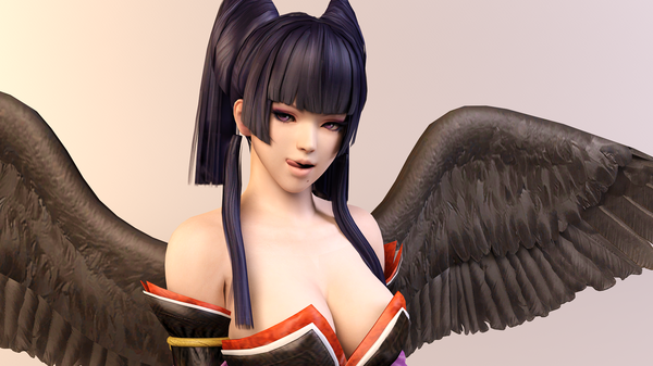 Anime picture 1920x1080 with dead or alive nyotengu dnxpunk single long hair looking at viewer highres breasts light erotic black hair simple background wide image bare shoulders pink eyes lips mole black wings mole under mouth 3d girl