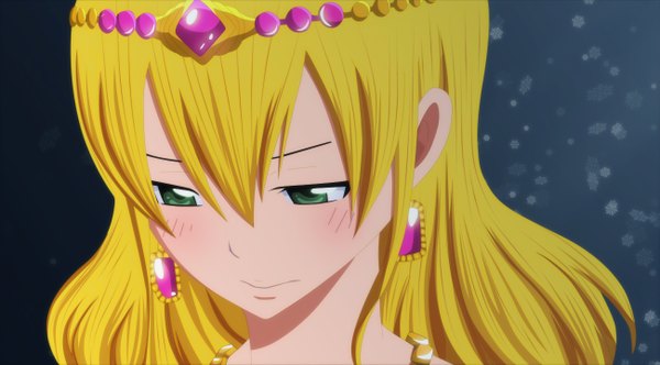 Anime picture 1300x720 with fairy tail hisui e. fiore jbeenz single long hair blush blonde hair wide image green eyes coloring portrait snowing sad girl earrings jewelry